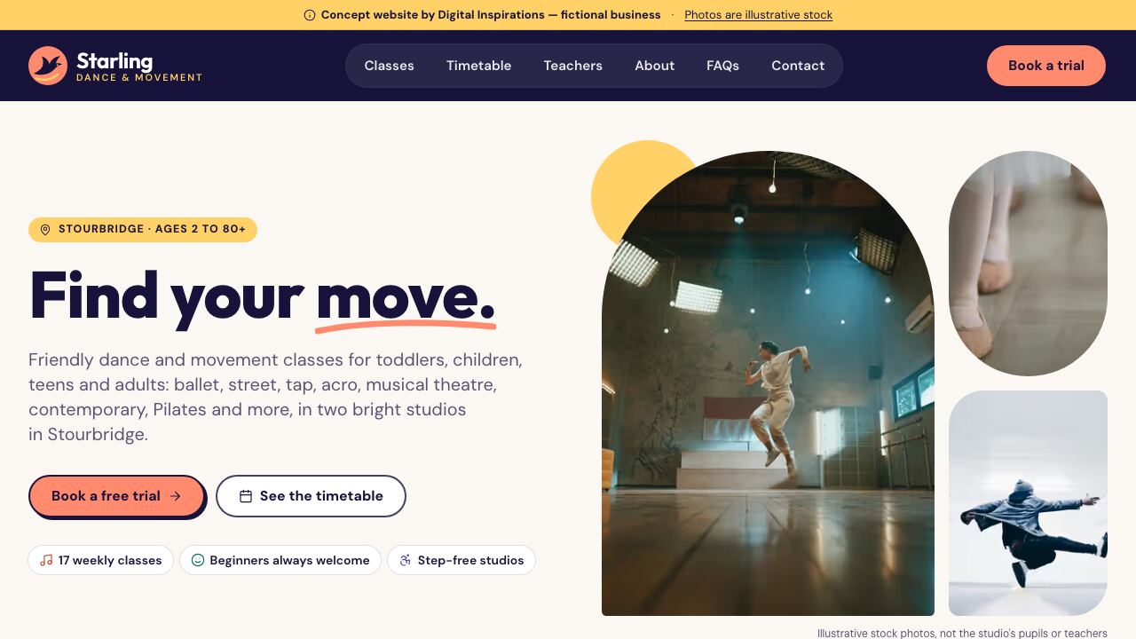 Starling Dance & Movement concept demo homepage (opens in a new tab)